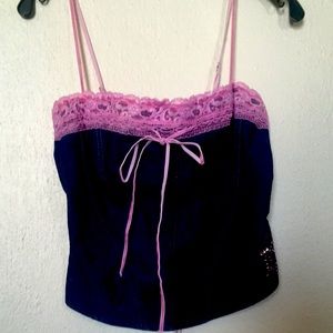 Rare Betsey Johnson denim bustier w/ pink  lace 8